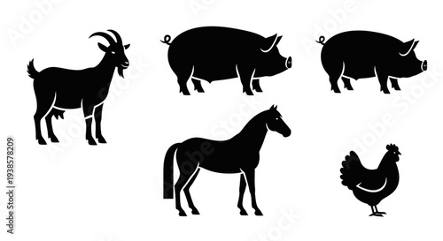 Farm Animals Silhouettes Set - Goat, Pigs, Horse, and Chicken Icons