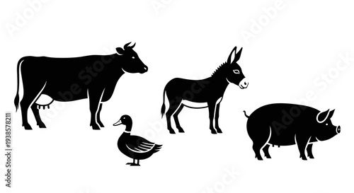 Farm Animals Silhouettes: Cow, Donkey, Duck, and Pig on White Background