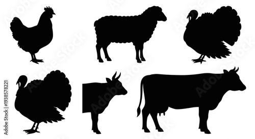 Farm Animals Silhouettes Set: Chicken, Sheep, Turkey, and Cow Livestock Icons