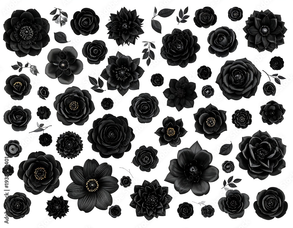 Naklejka premium Variety of black floral elements scattered on a white backdrop. Intricate and stark contrast defines each bloom