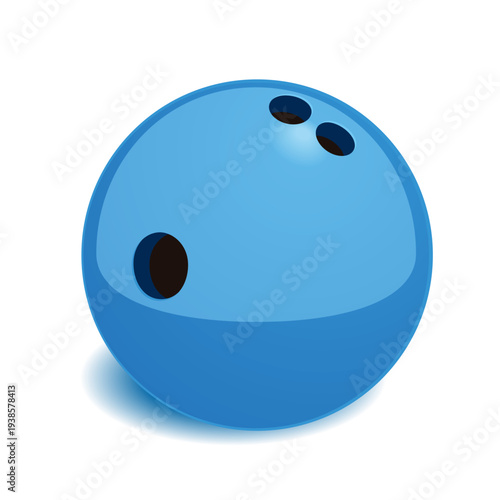 Glossy blue bowling ball with three finger holes isolated on white background, realistic 3D ten-pin sport equipment with soft shadow and copy space