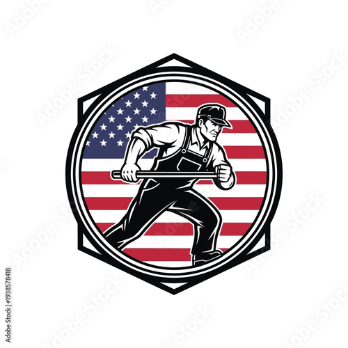 American worker with wrench in patriotic emblem