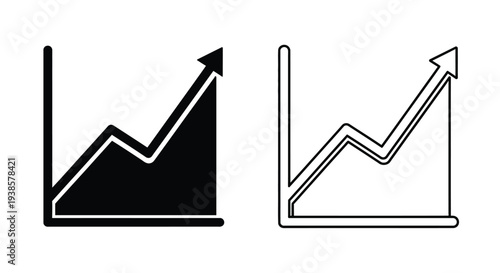 Black and white vector icon set featuring two upward trending line graphs, one solid and one outlined, symbolizing business growth, financial success