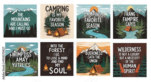 Camping and nature quotes with mountain and forest scenes.