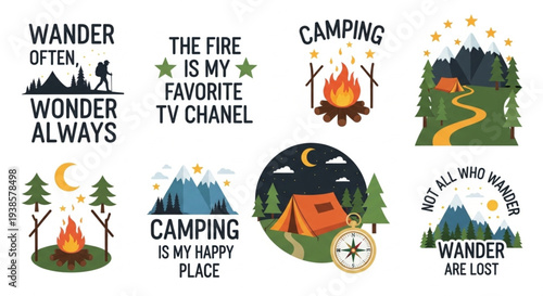 Camping and outdoor adventure slogans and illustrations.