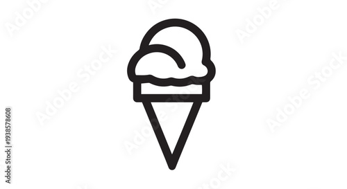 Simple black outline vector graphic illustration of delicious ice cream served in a traditional pointed cone