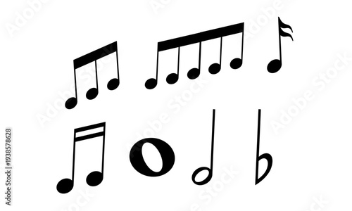 Black musical notes and notation symbols set isolated on white, clean music theory icons for rhythm, melody, education, audio branding, and concert graphics