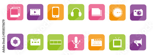 Colorful multimedia app icon set with video, music, camera, microphone and TV symbols, modern flat UI buttons for mobile, web, streaming and digital content projects