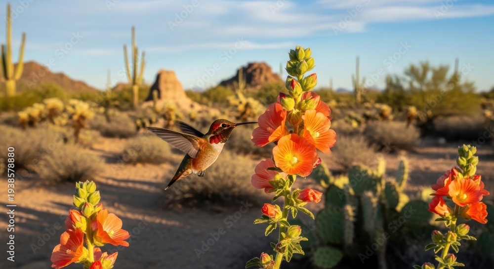 Obraz premium Desert Landscape with Cactus Flowers and Hummingbird.