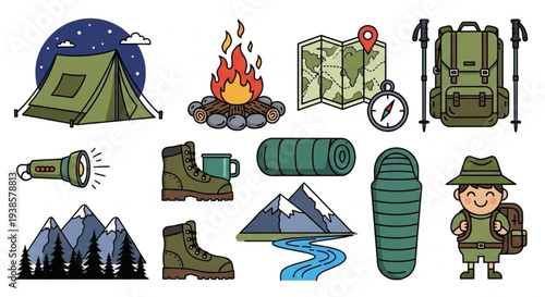 Camping and Hiking Adventure Gear Collection Illustration.