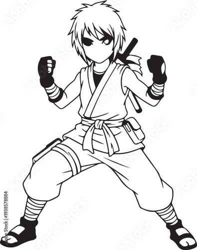 Anime style ninja warrior in fighting stance vector illustration