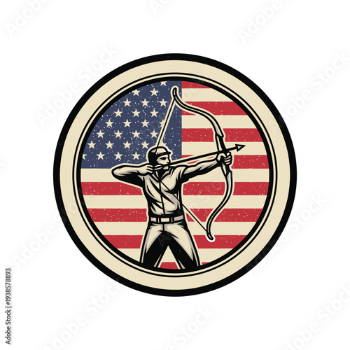 Archer aiming bow and arrow on american flag background