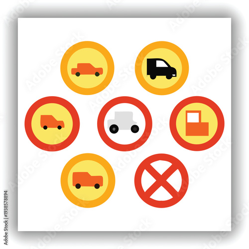 A collection of eight circular road signs are displayed against a plain, light-colored background. Each sign features a black silhouette of a different type of vehicle a car, a van, a bus, and a motor