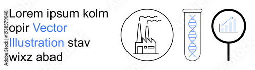 Science, biotechnology, industry, sustainability, research, analytics. Factory with emissions, DNA helix in a test tube magnifying glass with data chart. Science and biotechnology concept
