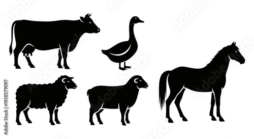 Farm Animals Silhouettes Set: Cow, Goose, Sheep, and Horse Icons