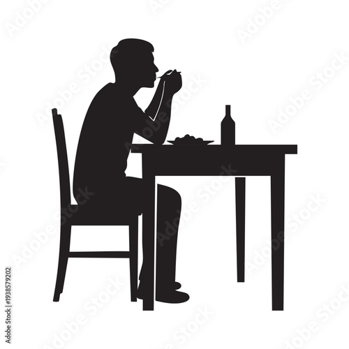 Man sitting alone at a table eating with a bottle of wine silhouette illustration for concepts of solitude dining and relaxation