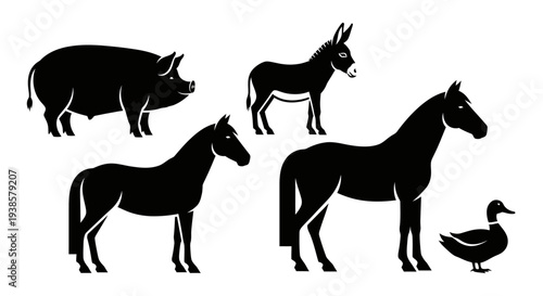 Farm Animals Silhouettes Set. Domestic Livestock Icons: Pig, Horse, Donkey, Duck Vector Illustration