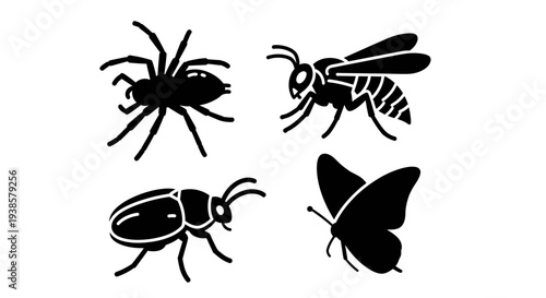 Insect and Bug Silhouettes Set: Spider, Wasp, Beetle, and Butterfly Icons