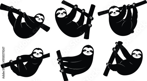 Cartoon sloth illustrations, black and white, hanging pose, tree branch, smiling face, relaxed posture, animal design, vector art, character set