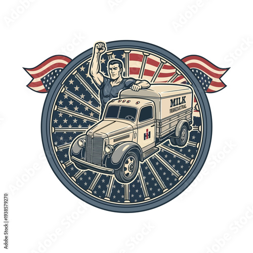 Vintage milk truck driver celebrates with american flag emblem
