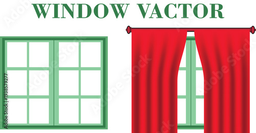 Green Window Frame and Red Curtains, Vector Illustration. A vector illustration featuring a green-framed window with multiple panes next to a similar window covered by vibrant red curtains.