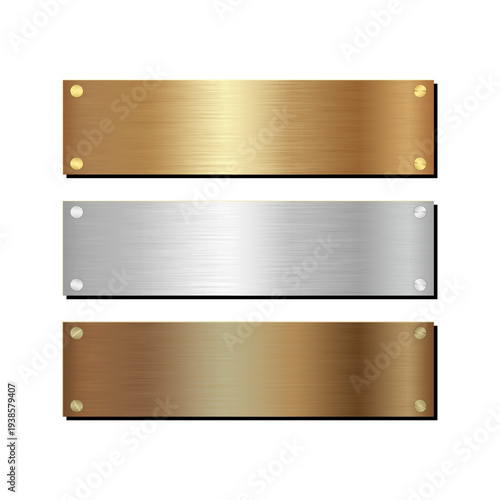 Set of realistic metallic nameplate banners with brushed gold, silver, and bronze textures, screw details, glossy reflections, and isolated white background for premium branding design