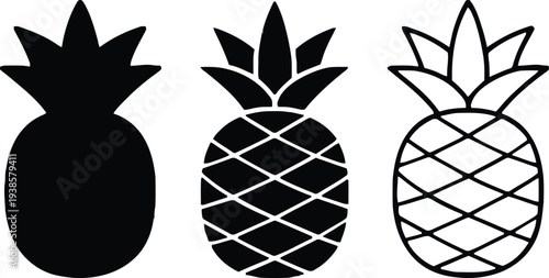Pineapple Icon Set in Three Styles Silhouette, Stylized, and Outline