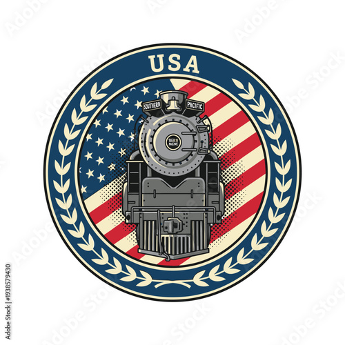 Vintage steam train emblem with usa flag and laurel wreath