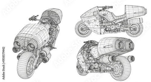 Military Jet Motorbike, Wireframe, Vector, Motorcycle, Vehicle – Technical Drawing Top Side Rear Views