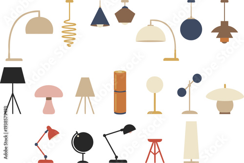 Minimal hand-drawn vector illustration set of diverse lamp designs including floor, table, and pendant lights in clean outline style