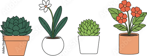 Minimal hand-drawn vector illustration set of diverse houseplants in decorative pots including succulents and flowering plants in clean outline style