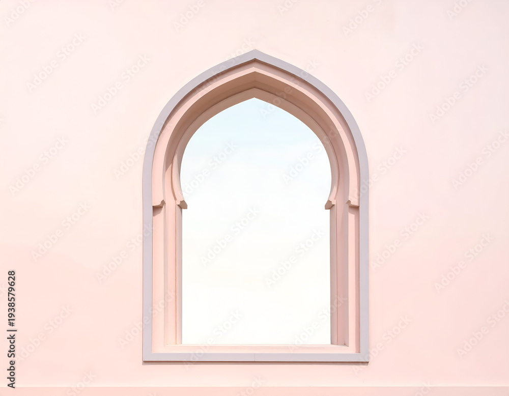 Fototapeta premium Ornate arch window frames a bright, clear sky against pastel wall