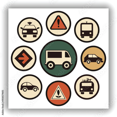 A collection of eight circular road signs are displayed against a plain, light-colored background. Each sign features a black silhouette of a different type of vehicle a car, a van, a bus, and a motor