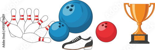 Minimal hand-drawn vector illustration set of bowling pins, balls, shoes, and trophy representing sports equipment in clean outline style