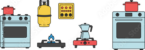 Minimal hand-drawn vector illustration set of diverse kitchen appliances including stoves, ovens, and gas cylinders in clean outline style