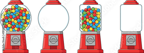 Minimal hand-drawn vector illustration set of gumball machines with round and rectangular containers, filled and empty in clean outline style