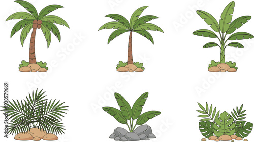 Minimal hand-drawn vector illustration set of tropical palm trees and shrubs with diverse foliage and landscape elements in clean outline style