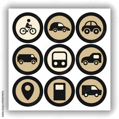 A collection of eight circular road signs are displayed against a plain, light-colored background. Each sign features a black silhouette of a different type of vehicle a car, a van, a bus, and a motor