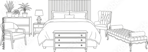 Minimal hand-drawn vector illustration set of bedroom furniture including bed, chairs, dresser, and decor in clean outline style
