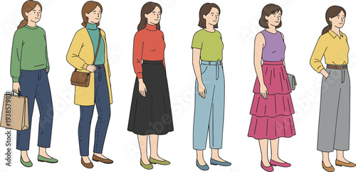 Minimal hand-drawn vector illustration set of diverse women in fashionable outfits showcasing modern clothing styles in clean outline style