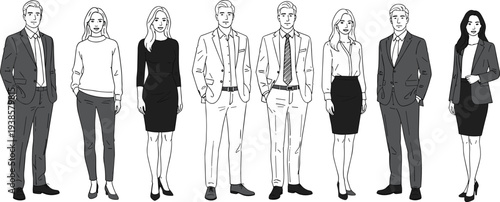 Minimal hand-drawn vector illustration set of diverse professionals in corporate attire including suits, blazers, and skirts in clean outline style