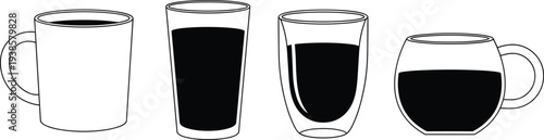 Minimal hand-drawn vector illustration set of diverse coffee and tea cups including mugs, glasses, and bowls in clean outline style