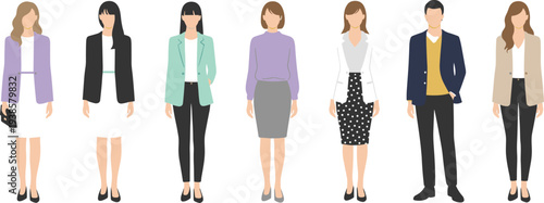 Minimal hand-drawn vector illustration set of diverse professionals in office attire including blazers, skirts, and trousers in clean outline style