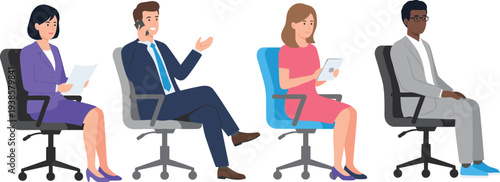 Minimal hand-drawn vector illustration set of diverse professionals seated on office chairs with documents, phones, and tablets in clean outline style