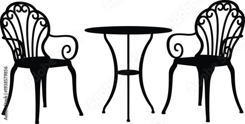 Minimal hand-drawn vector illustration set of wrought iron patio furniture including chairs and table in clean outline style