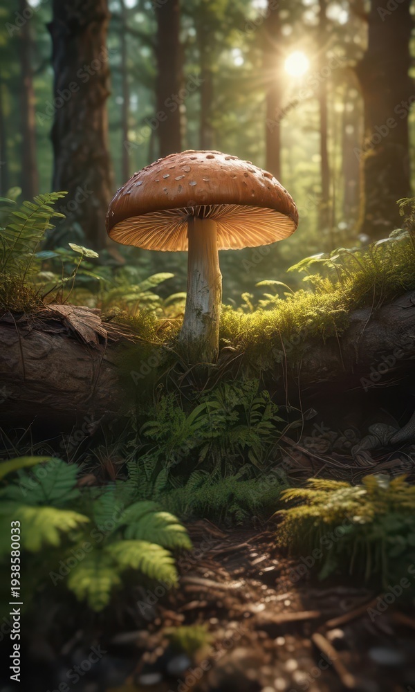 Fototapeta premium Dense foliage surrounds a lone glowing mushroom on forest floor, bathed in warm sunlight filtering through canopy, trees, undergrowth, leafy