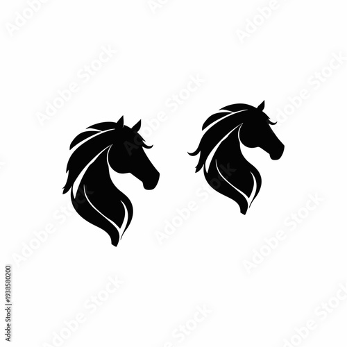 Simbol kepala kuda elegan dalam siluet hitam bersih dengan surai yang mengalir, logo vektor minimalis yang cocok untuk branding olahraga berkuda, identitas peternakan, logo merek mewah, dan ilustrasi 