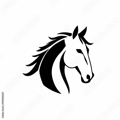 Simbol kepala kuda elegan dalam siluet hitam bersih dengan surai yang mengalir, logo vektor minimalis yang cocok untuk branding olahraga berkuda, identitas peternakan, logo merek mewah, dan ilustrasi 