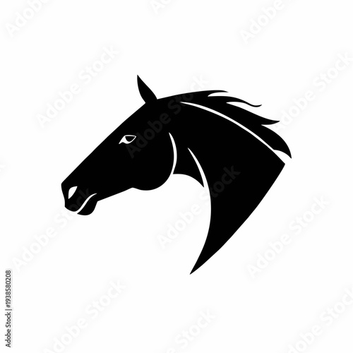 Simbol kepala kuda elegan dalam siluet hitam bersih dengan surai yang mengalir, logo vektor minimalis yang cocok untuk branding olahraga berkuda, identitas peternakan, logo merek mewah, dan ilustrasi 