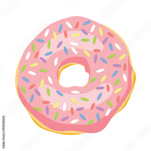 Flat vector illustration pink, strawberry glazed donut with sprinkles, cute dessert with bite mark isolated on white background for menu and food blog design.